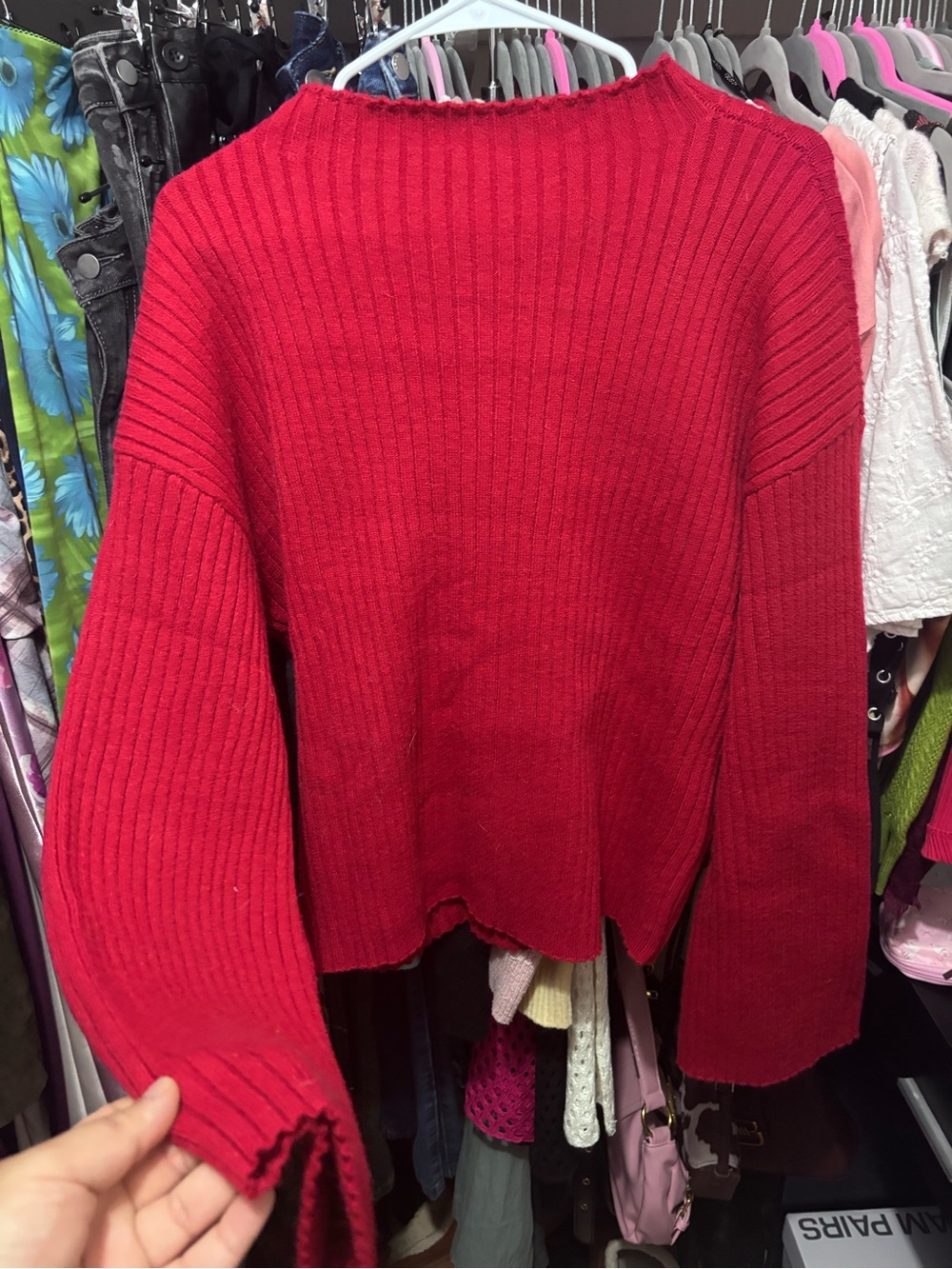 Cider Bright Red Ribbed Crewneck Sweater